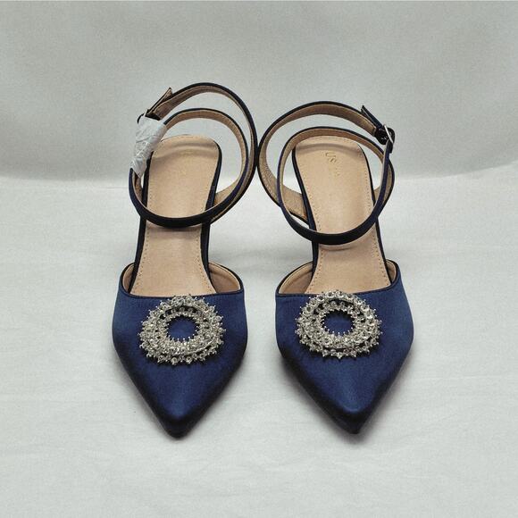 Perphy Womens Heels Size 10 Blue Satin Rhinestone Slingback Cocktail Pumps Shoe - Picture 5 of 12